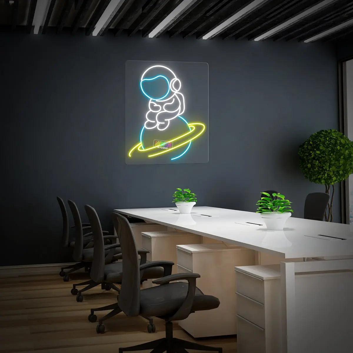 Astronaut Sitting on Planet neon sign