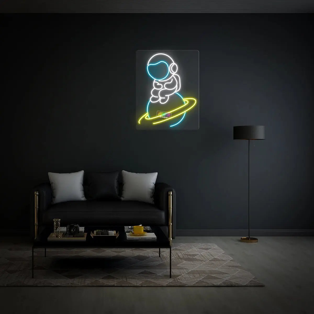 Astronaut Sitting on Planet neon sign