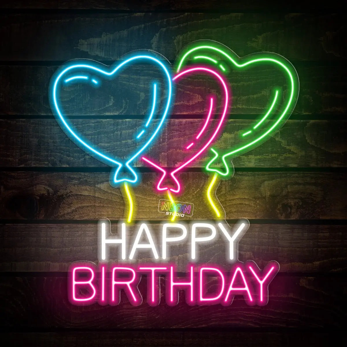 Colorful Happy Birthday text and ballon neon sign