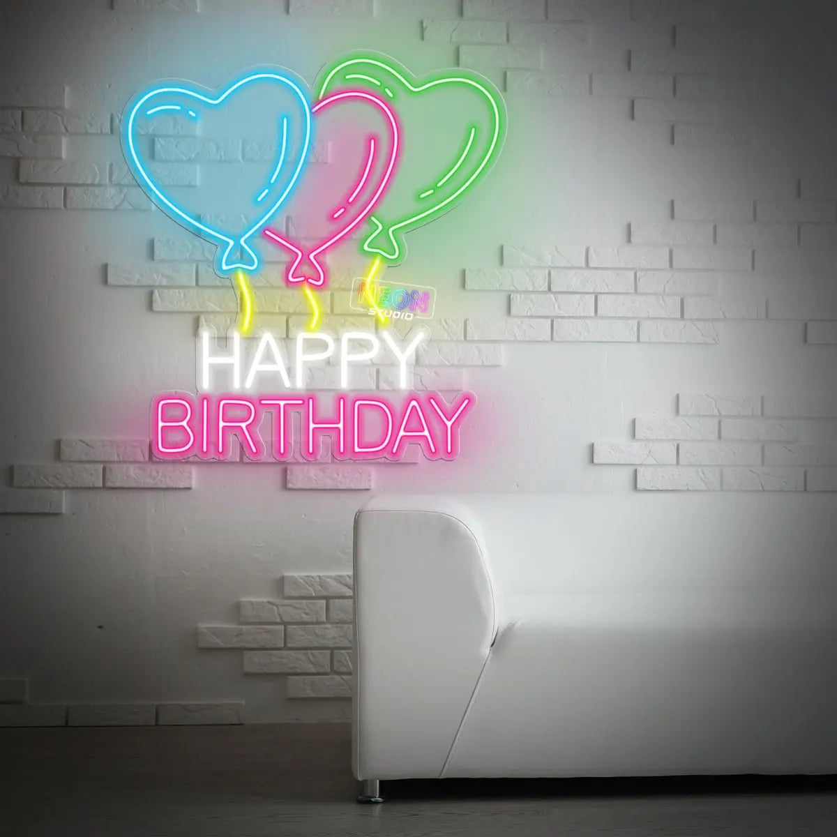 Colorful Happy Birthday text and ballon neon sign