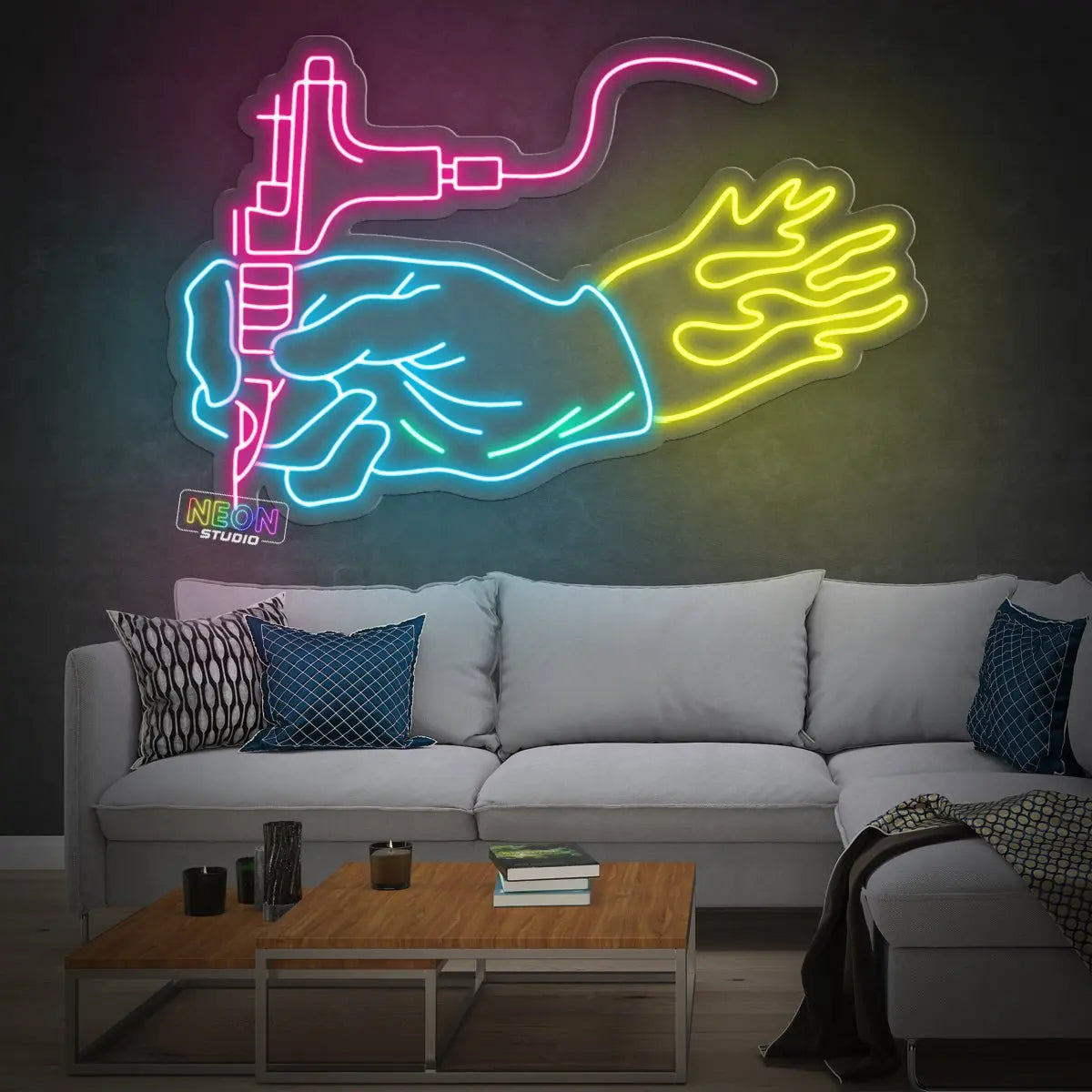 Flamin' hand holding Tattoo Pen neon sign