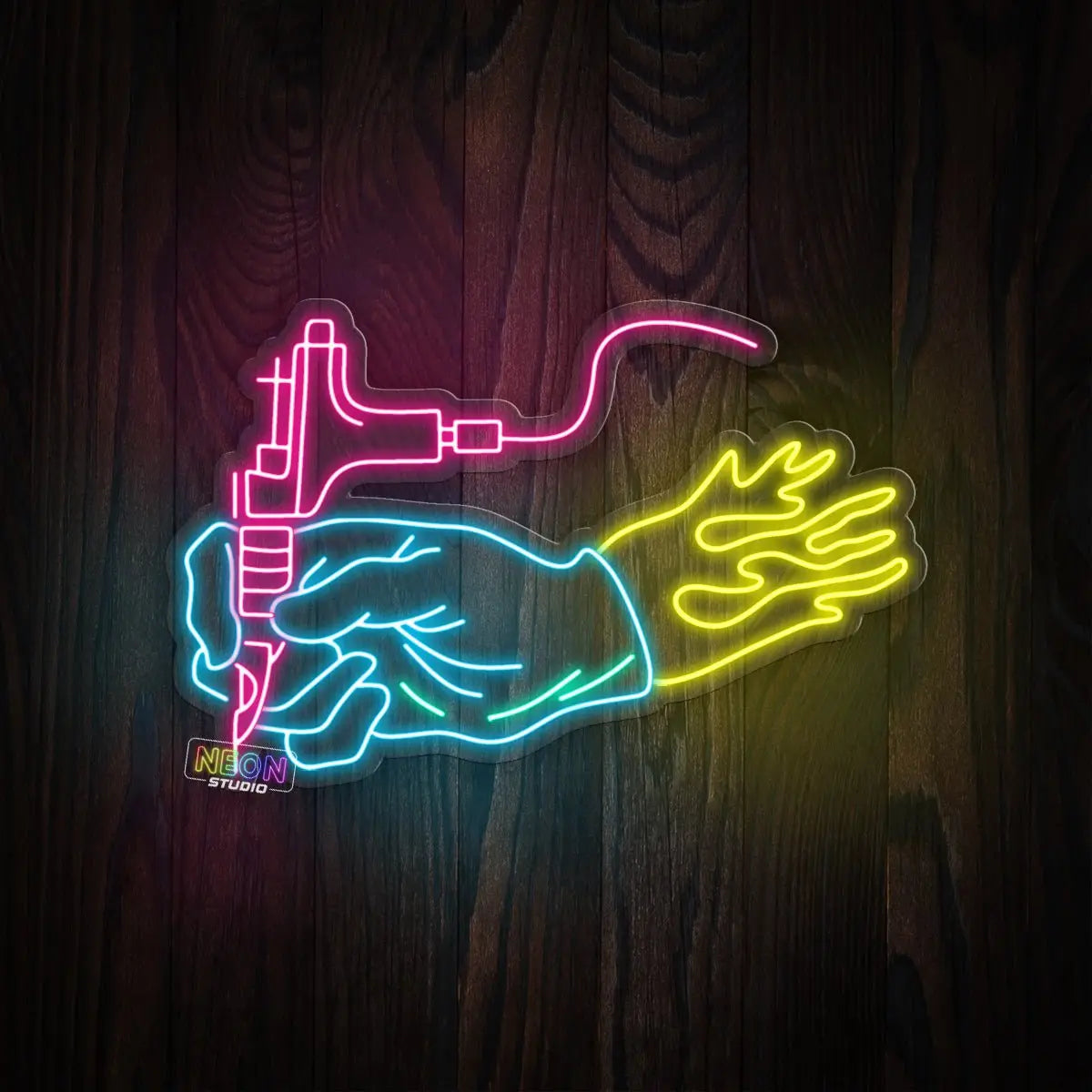 Flamin' hand holding Tattoo Pen neon sign