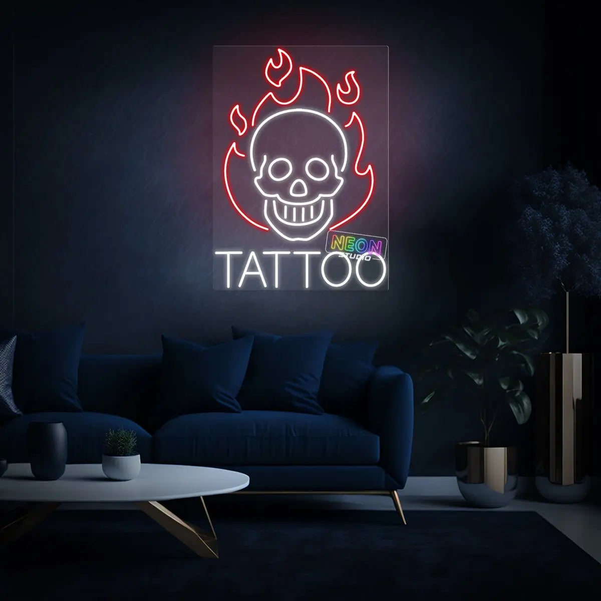 Flamin' skull & Tattoo Text neon sign