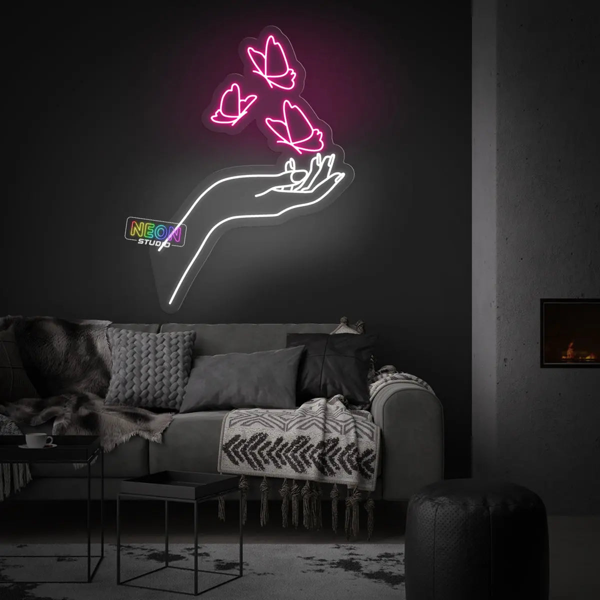 Hand and butterflies neon sign