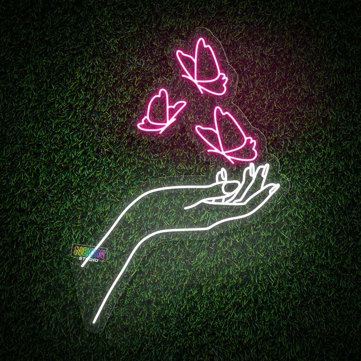 Hand and butterflies neon sign