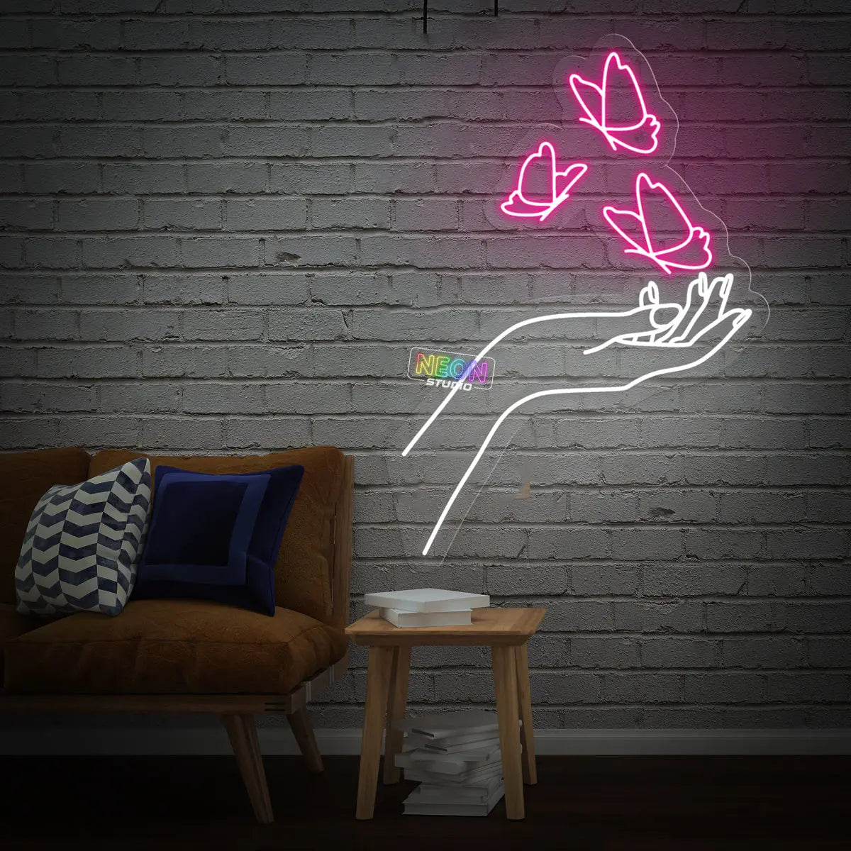 Hand and butterflies neon sign