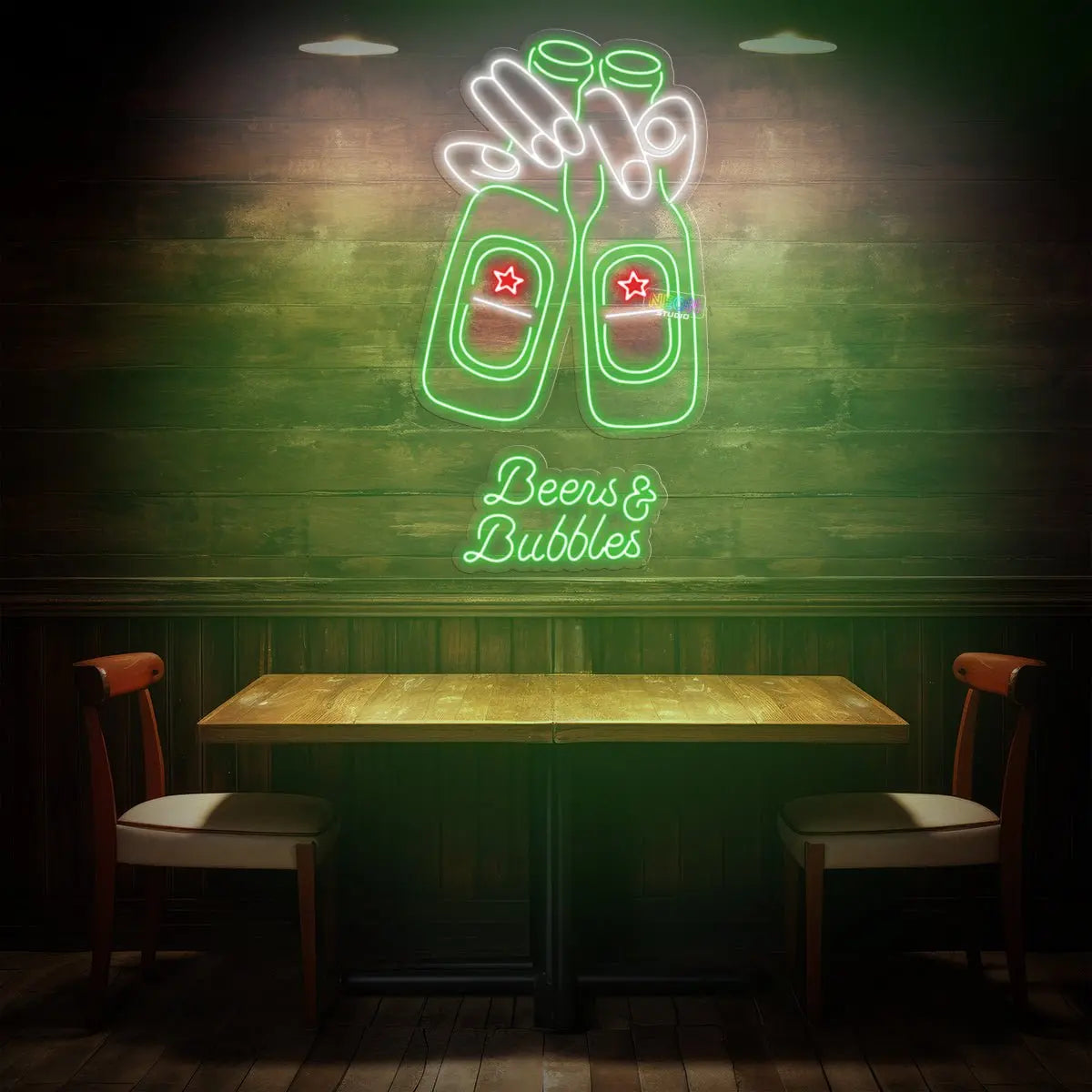 Holding Beer Bottle & "Beers & Bubbles" Text neon sign