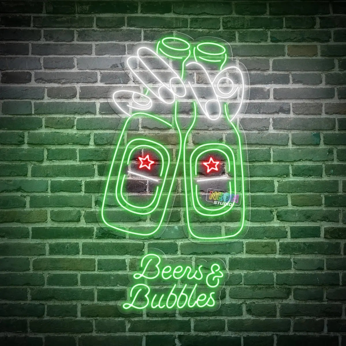 Holding Beer Bottle & "Beers & Bubbles" Text neon sign