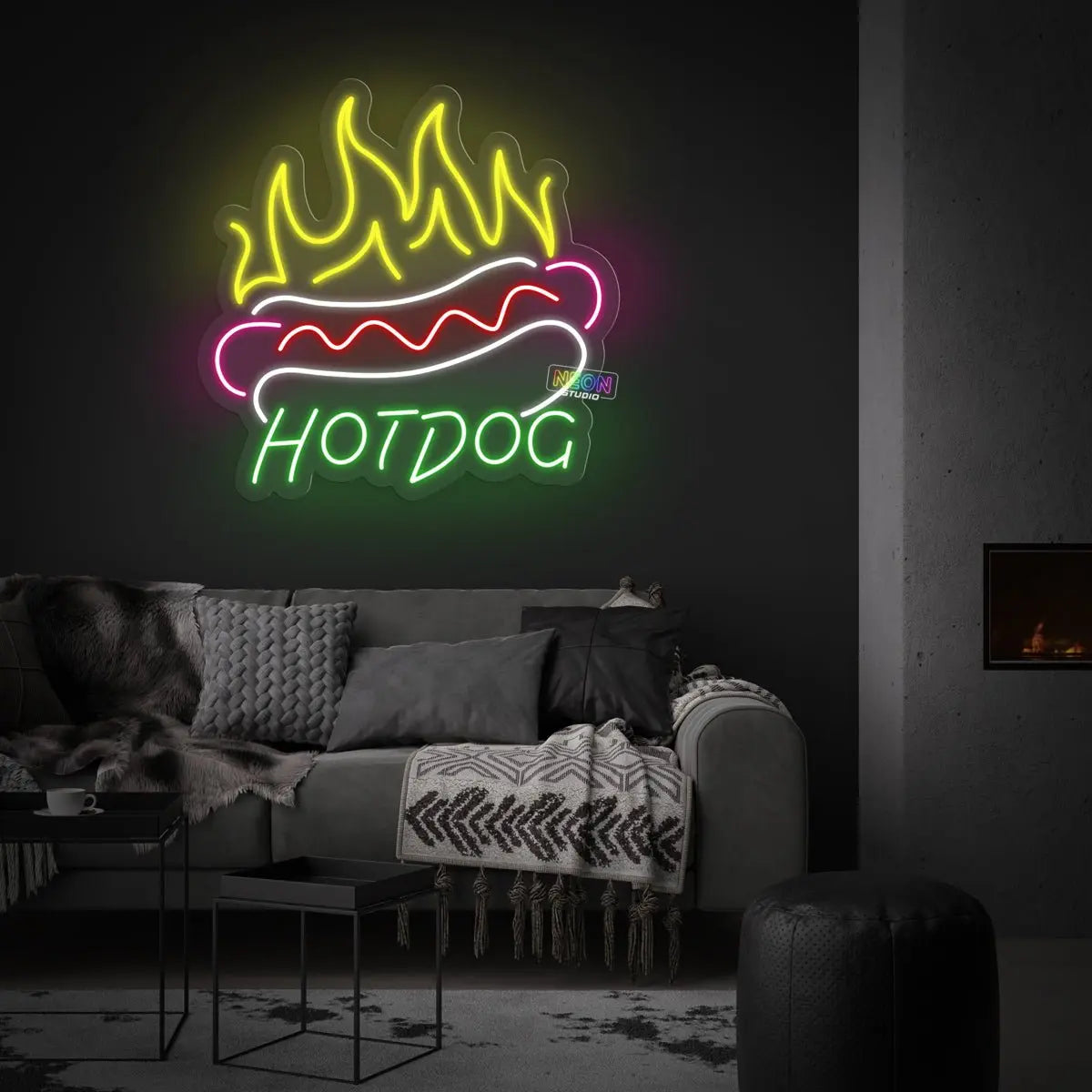 Hotdog on fire neon sign