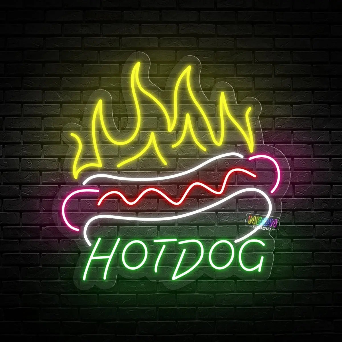 Hotdog on fire neon sign