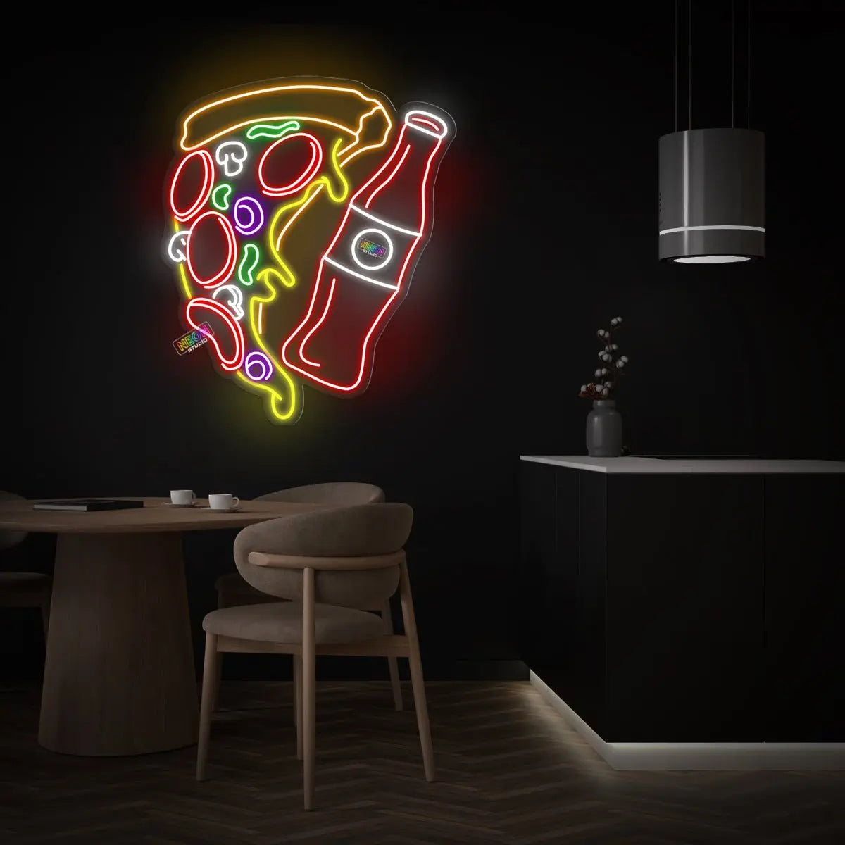 Pizza slice & coke bottle neon sign