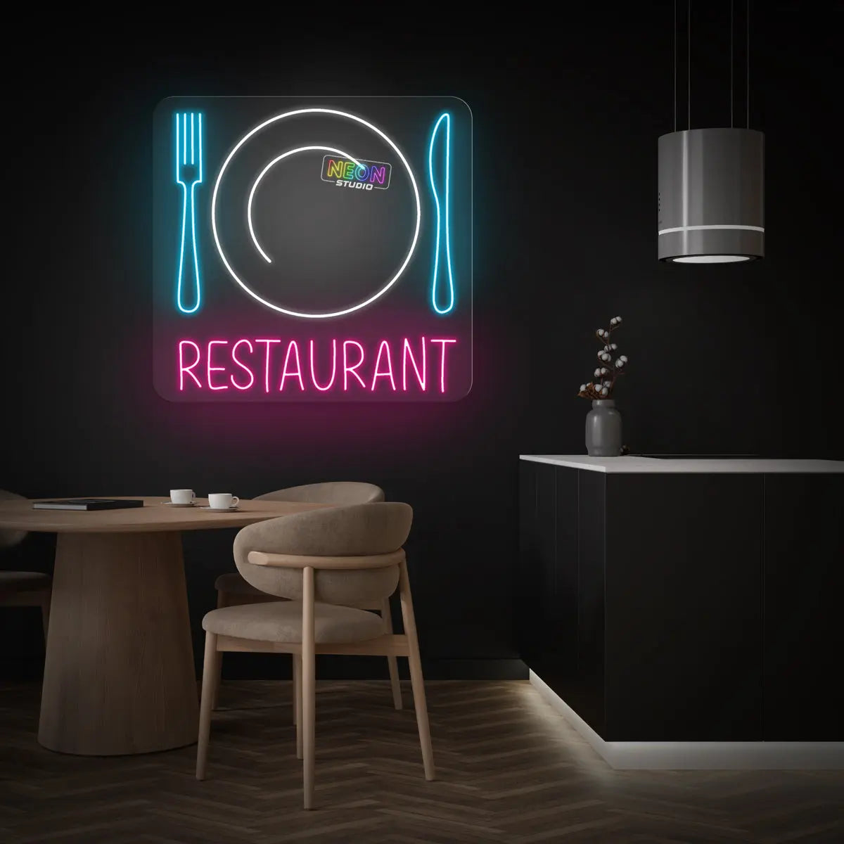 Restaurant text and plate neon sign