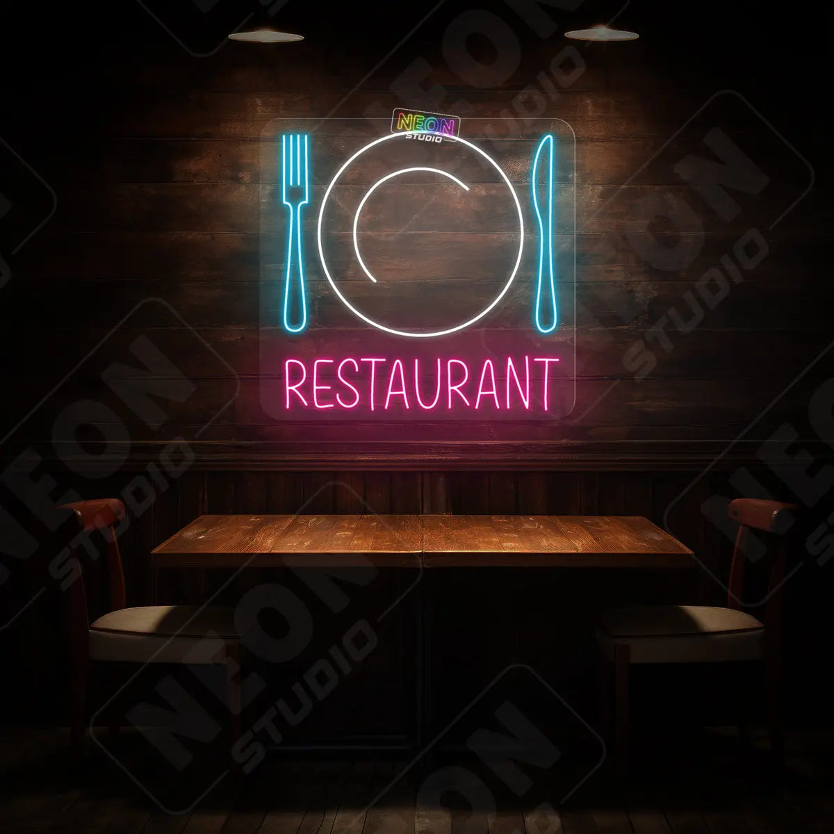 Restaurant text and plate neon sign