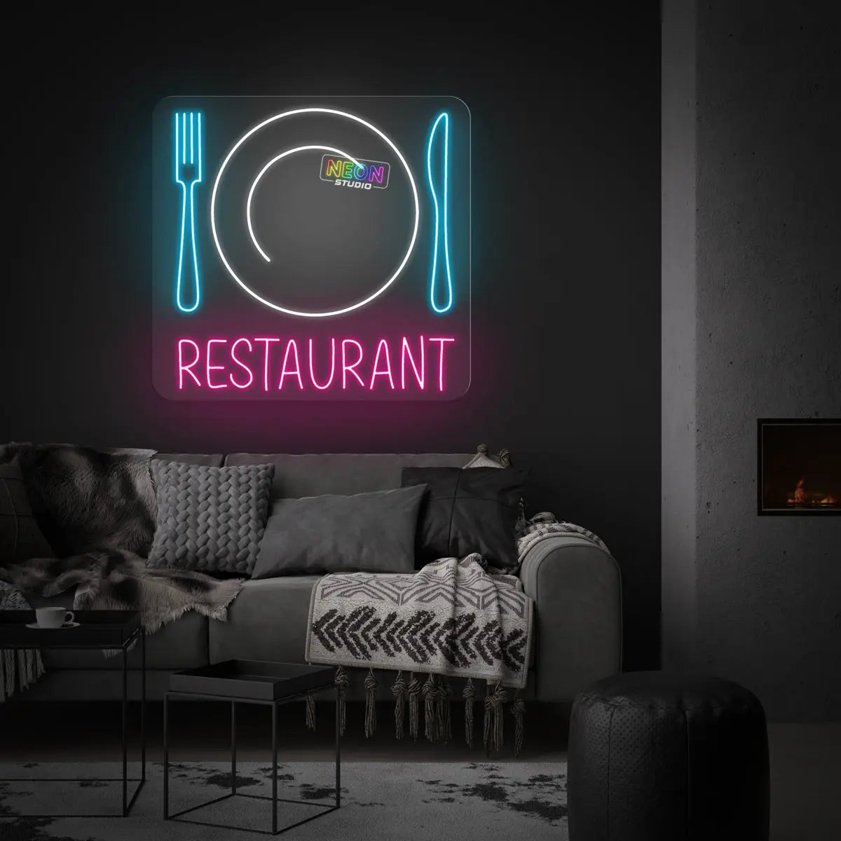Restaurant text and plate neon sign