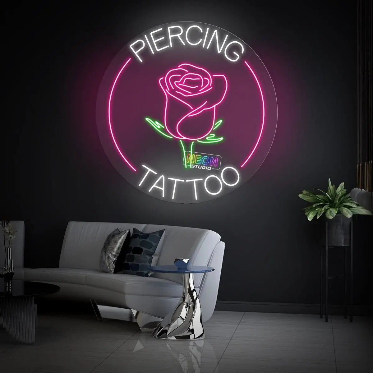 Rose with Piercing Tattoo Text neon sign