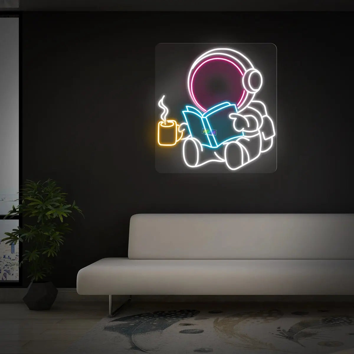 Space man reading book neon sign