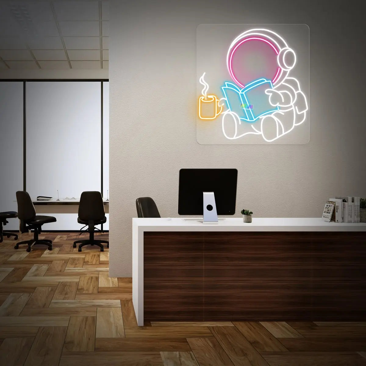 Space man reading book neon sign