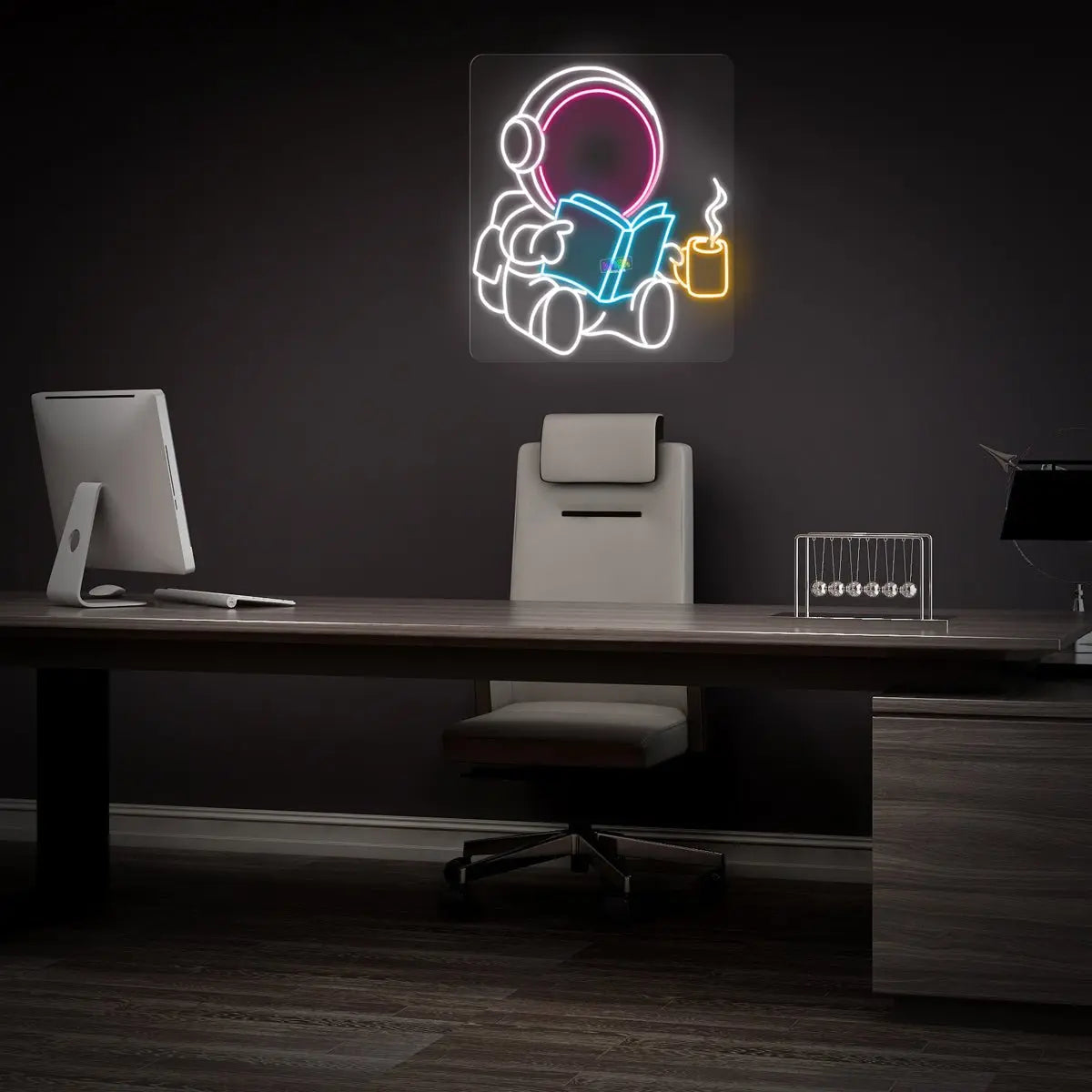 Space man reading book neon sign