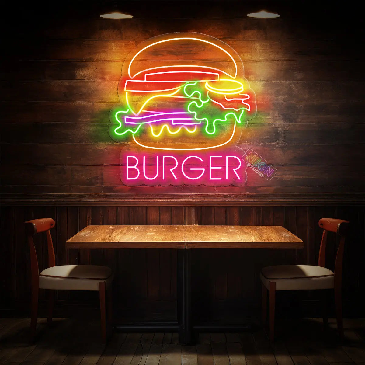 Burger with text neonskylt