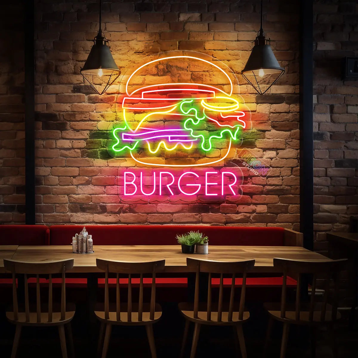 Burger with text neonskylt