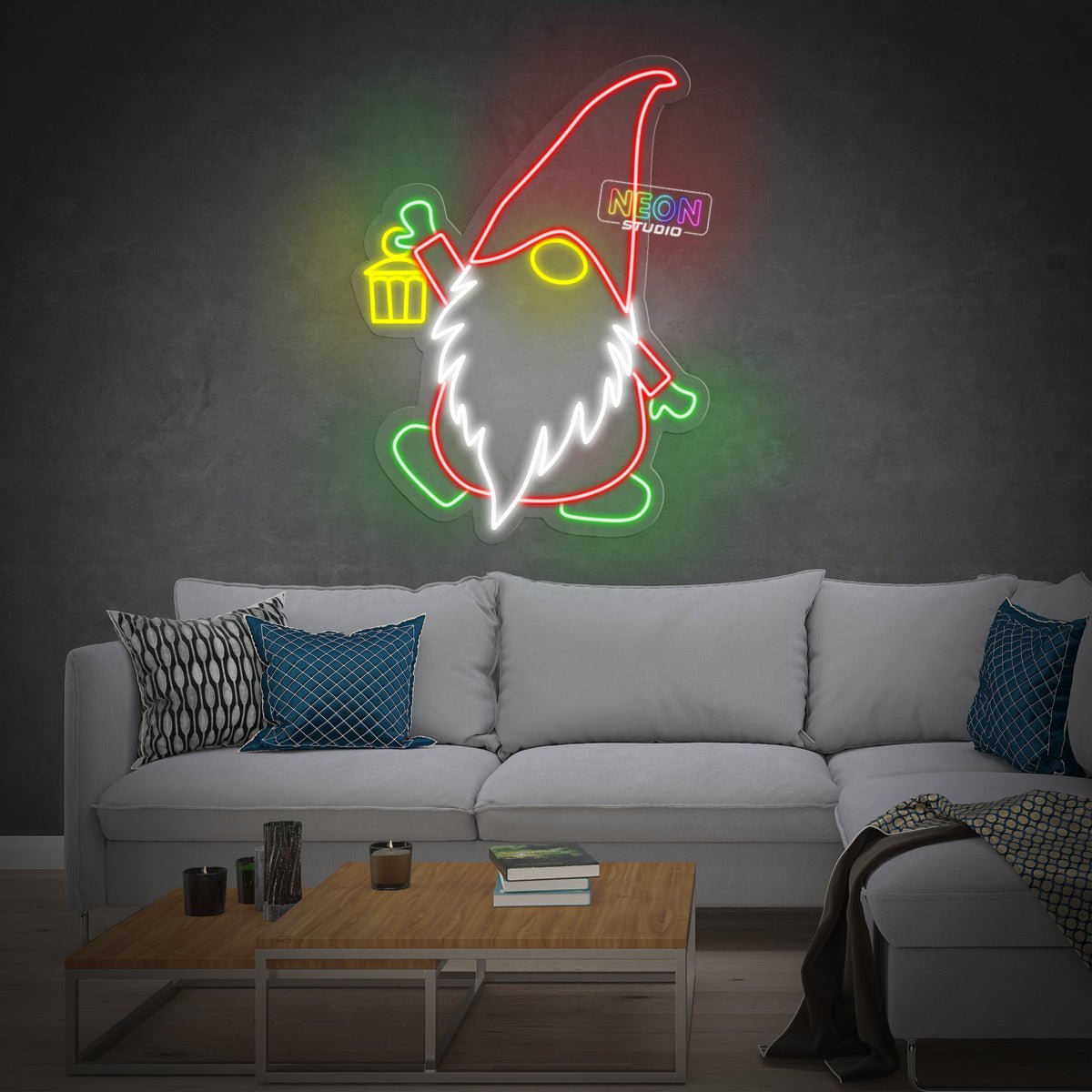 Christmas gnome with a lamp neonskylt