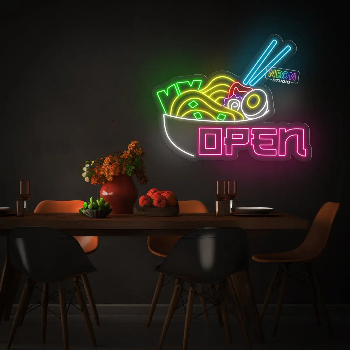 Noodle Bowl with Open text neon skylt