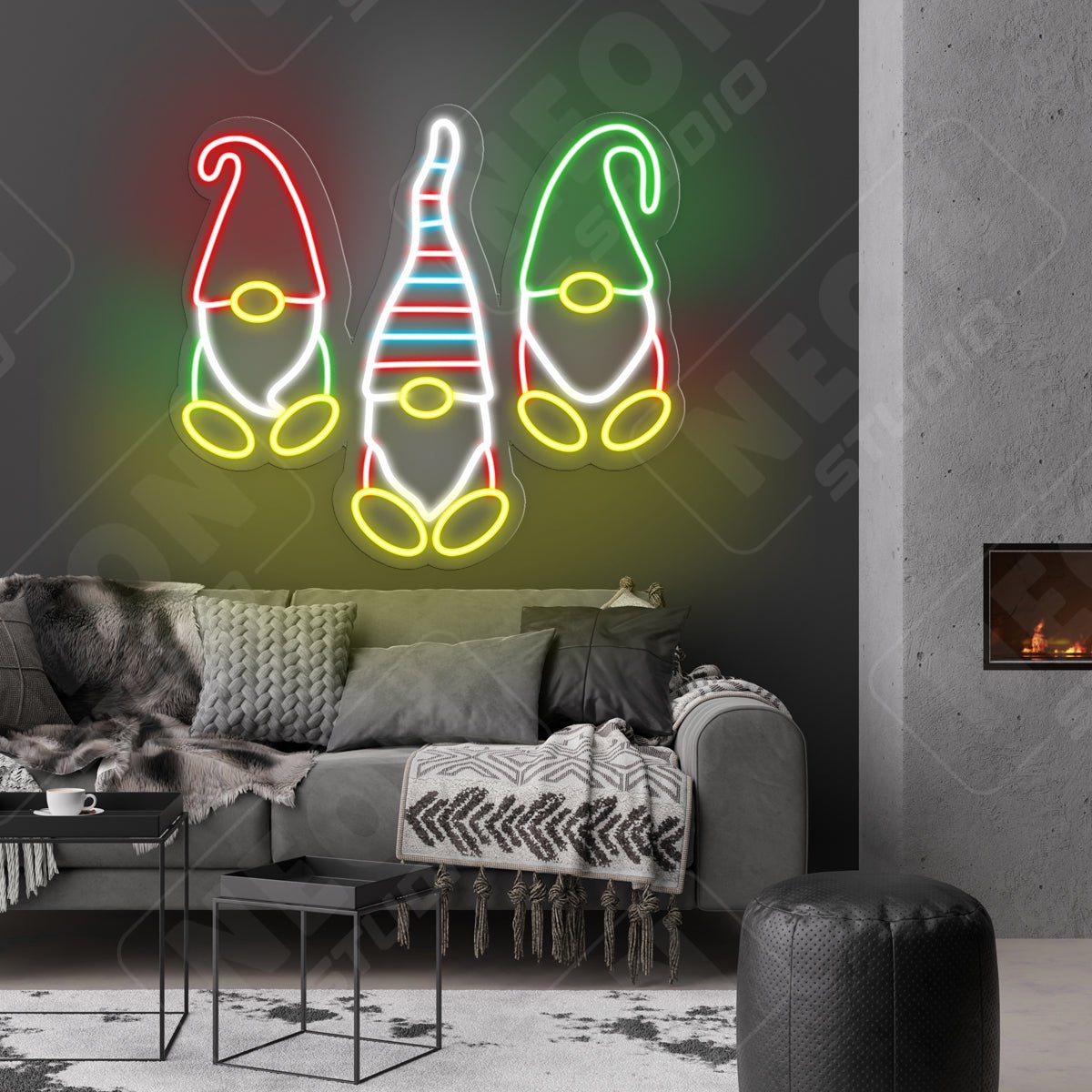Three  Christmas gnomes neonskylt